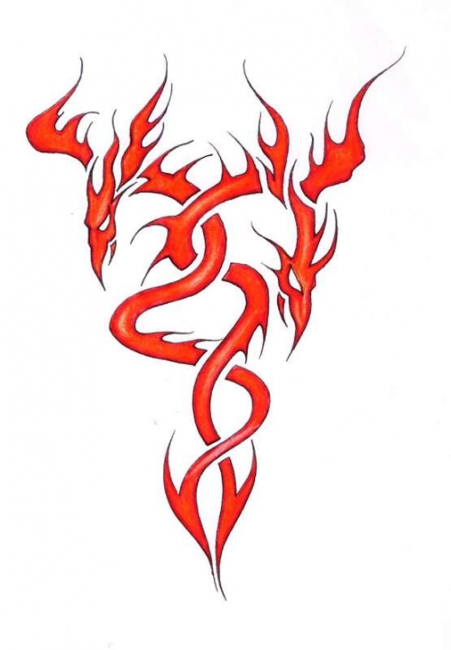 Эскиз тату: Красный дракон в племенном стиле